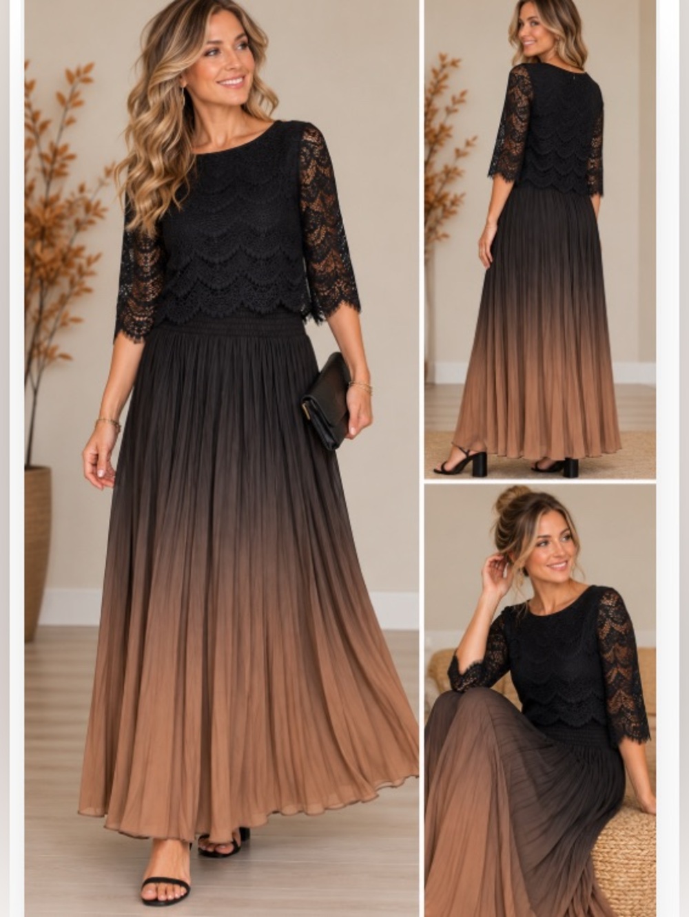 CLEARANCE WD.NY XL Ombre Pleated Maxi Skirt Black Brown Smocked Waist